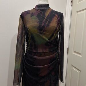 Zara Long-Sleeve Sheer Tie-Dye Bodycon Dress in Black, Green, Purple and Brown